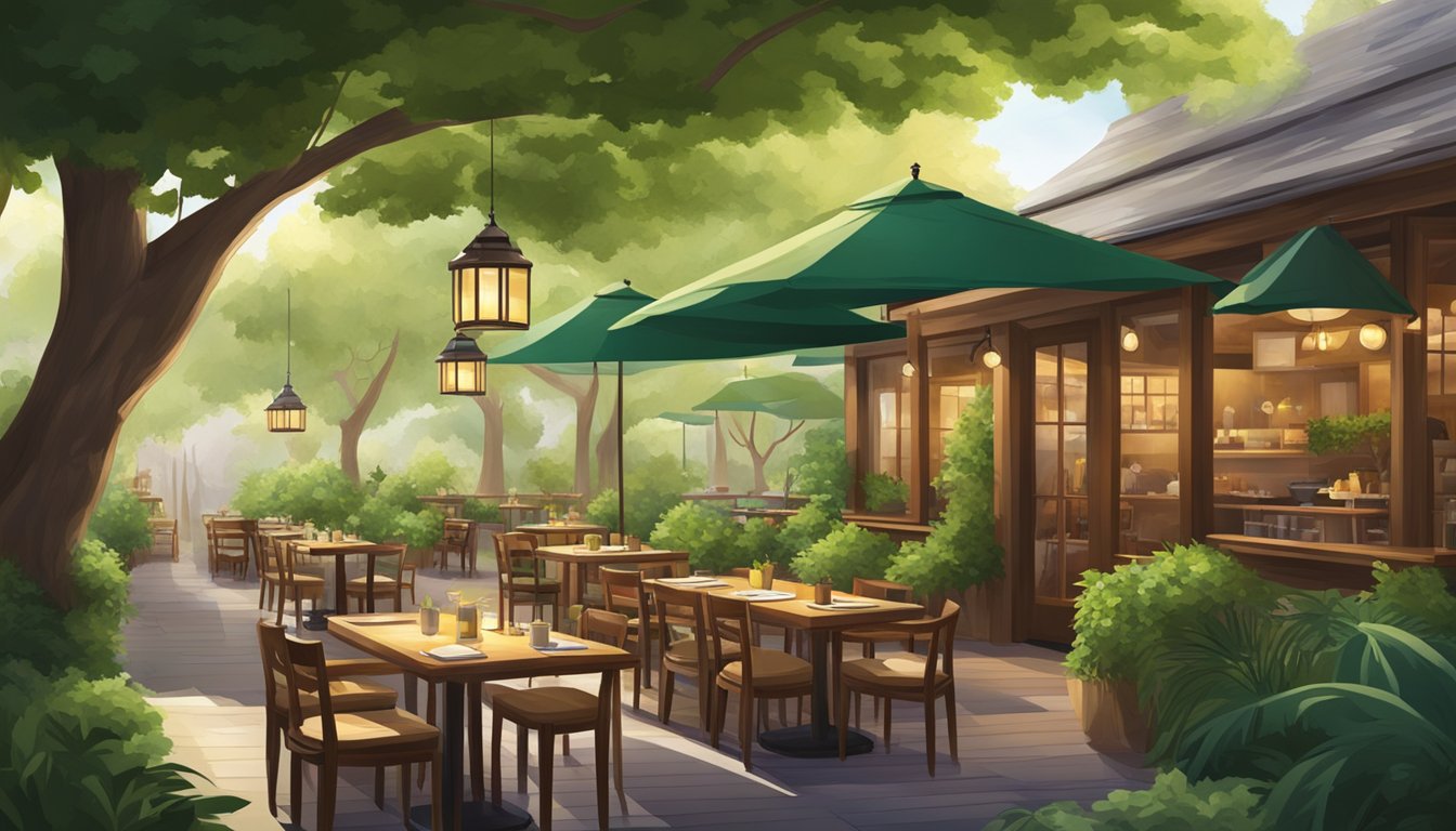 Lush green trees surround a cozy restaurant with wooden tables and a warm, inviting atmosphere