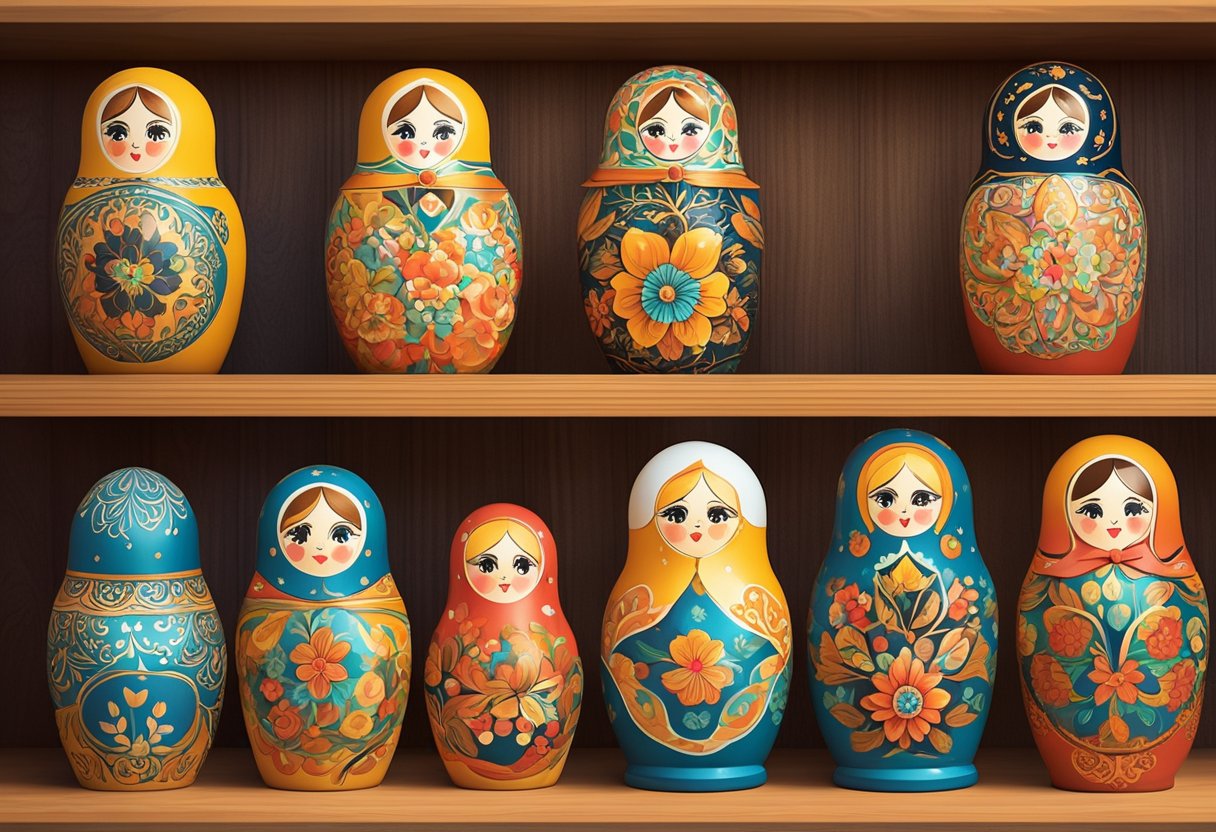 A stack of Russian nesting dolls, each one painted with a different traditional design and color scheme, sitting on a wooden shelf