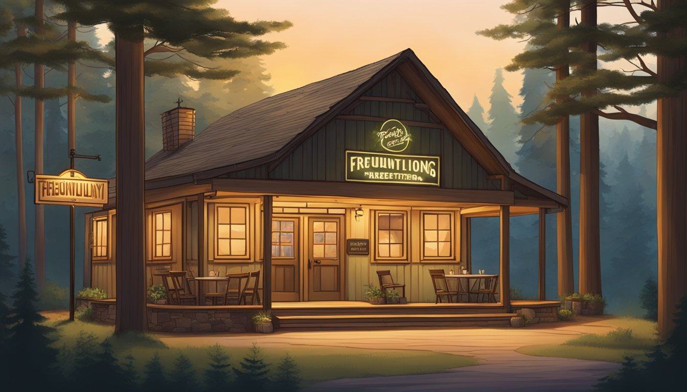 A cozy forest setting with a rustic restaurant nestled among tall trees, with a warm glow emanating from the windows and a sign reading "Frequently Asked Questions" hanging above the entrance