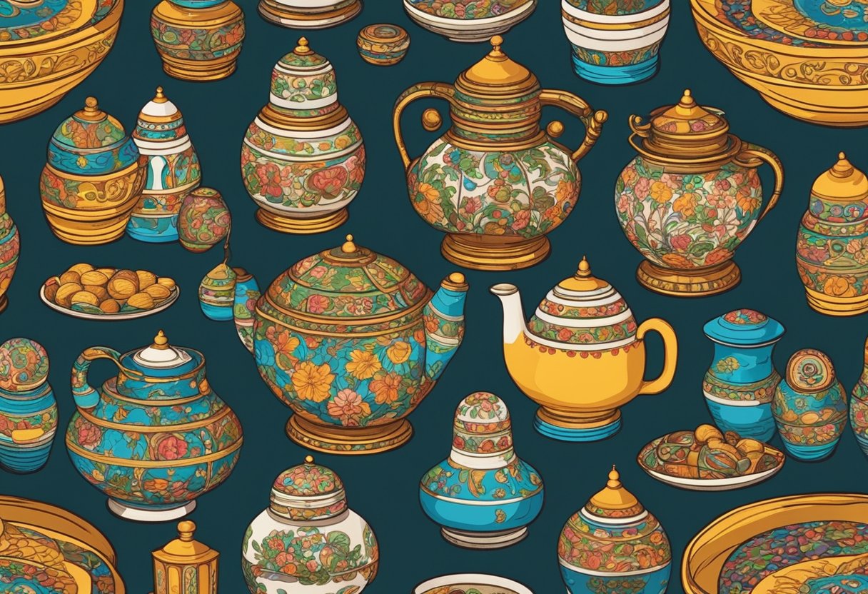 A colorful array of Russian-themed objects, such as nesting dolls, samovars, and traditional clothing, are arranged on a table