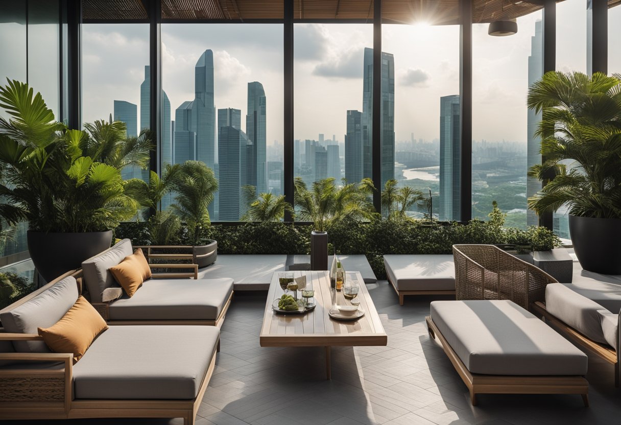 A spacious outdoor terrace in Singapore adorned with luxurious, modern furniture, surrounded by lush greenery and overlooking a stunning city skyline