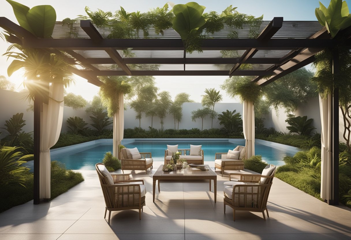 A lush garden setting with elegant, modern outdoor furniture arranged under a pergola, surrounded by tropical plants and overlooking a serene pool