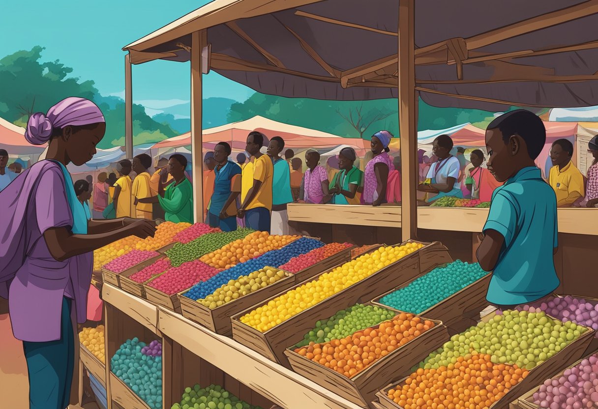 Colorful Rwandan baby names displayed on a vibrant market stall