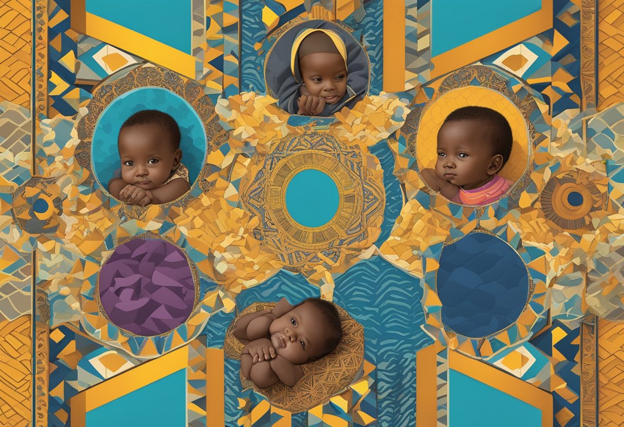 A colorful array of Rwandan baby names displayed on a vibrant backdrop, with traditional patterns and symbols adorning the borders