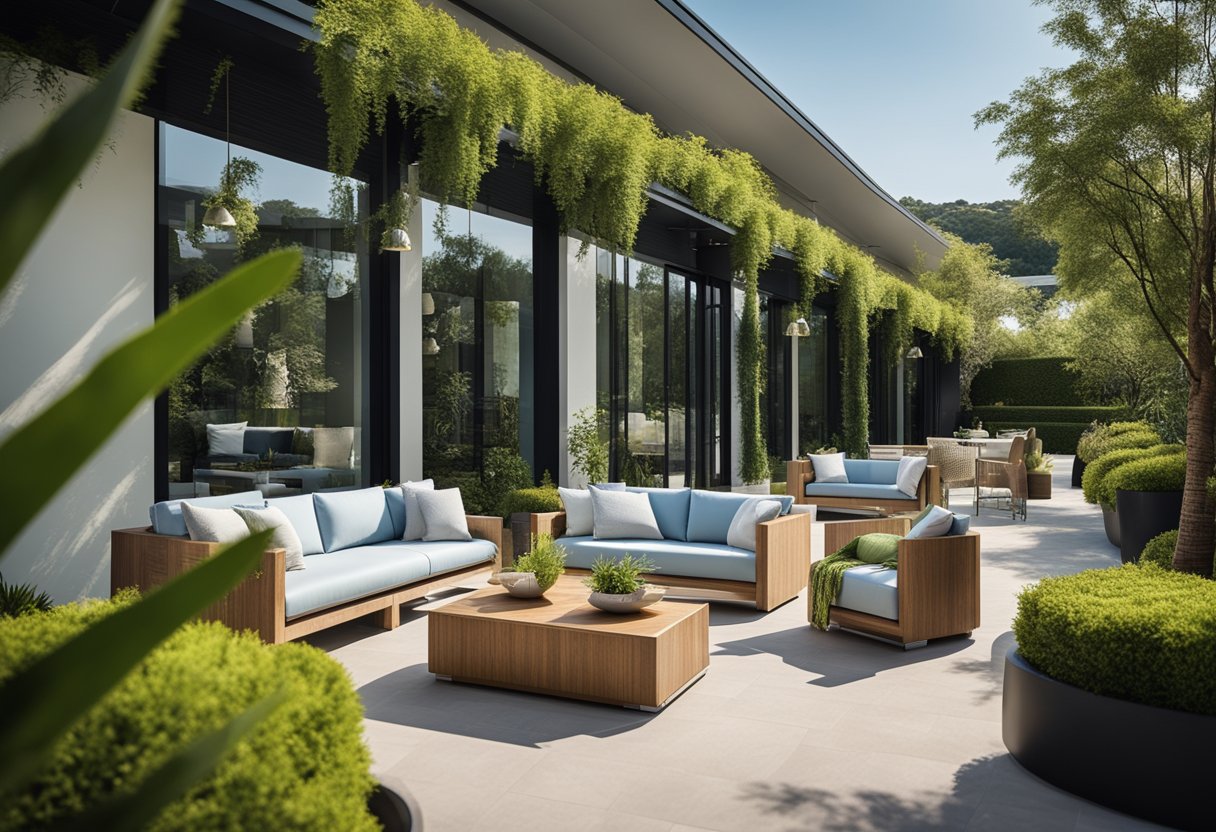 A spacious outdoor showroom displays elegant, modern furniture under a clear blue sky, surrounded by lush greenery