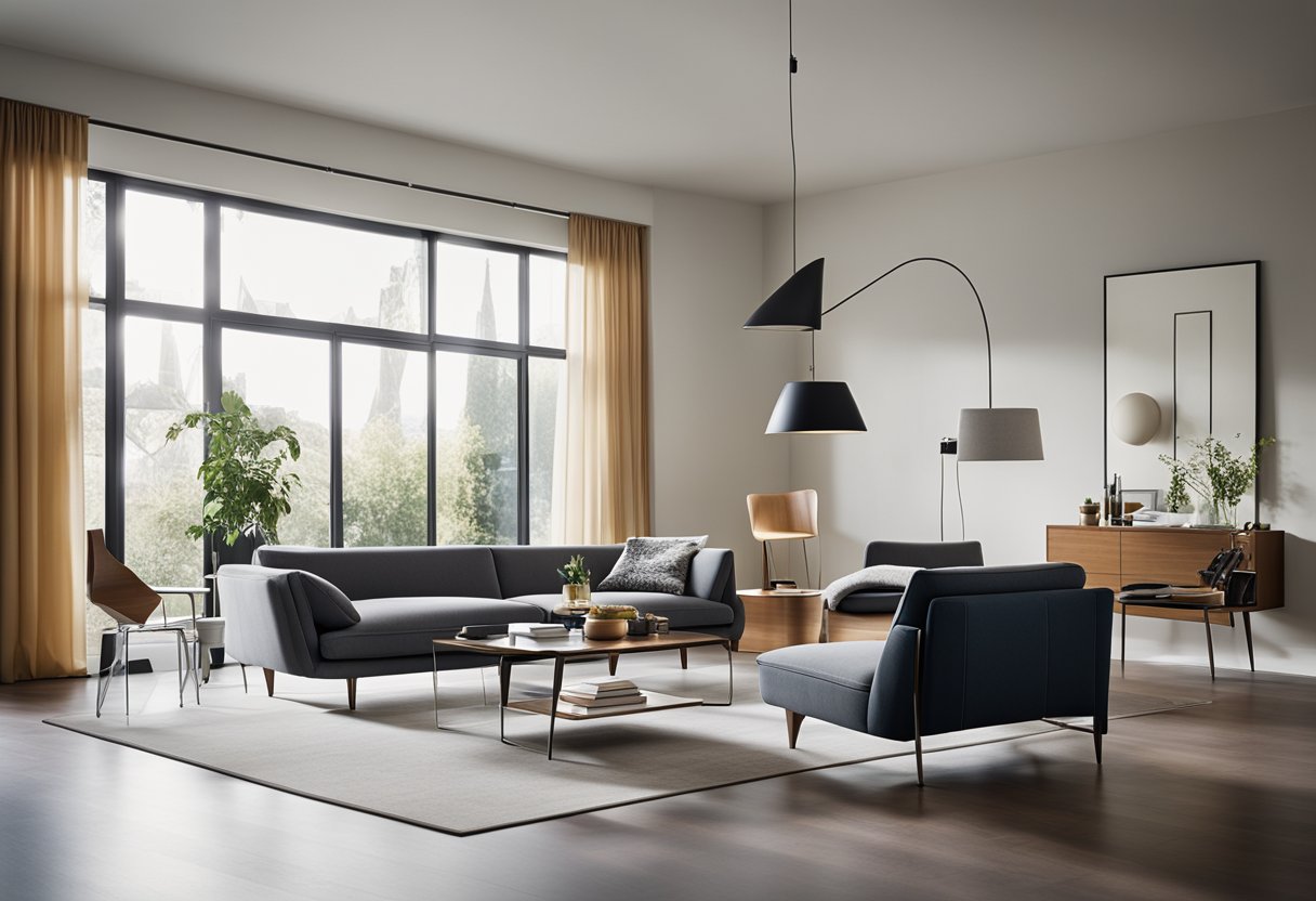 A modern living room with Vitra furniture, featuring a sleek lounge chair, a stylish coffee table, and a contemporary sofa, all arranged in a well-lit and spacious setting