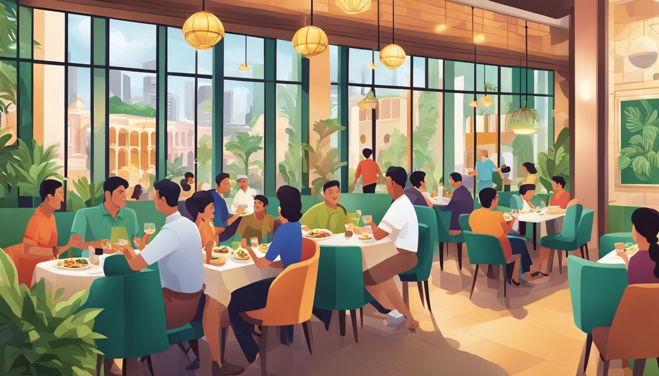 Customers enjoying halal Italian dishes in a vibrant Singapore restaurant setting