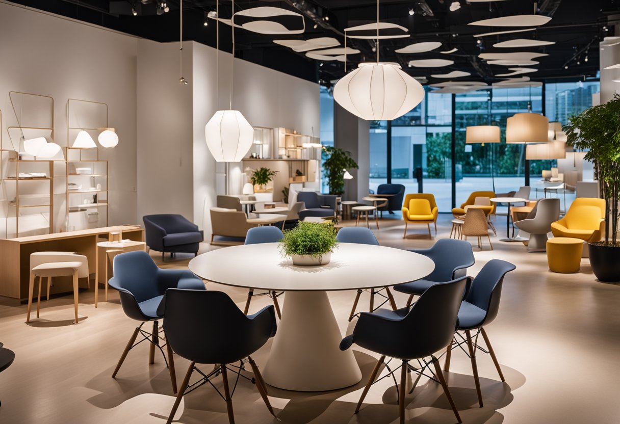 A display of Vitra furniture in a modern Singapore showroom, with a variety of chairs, tables, and lighting fixtures arranged in an inviting and stylish manner