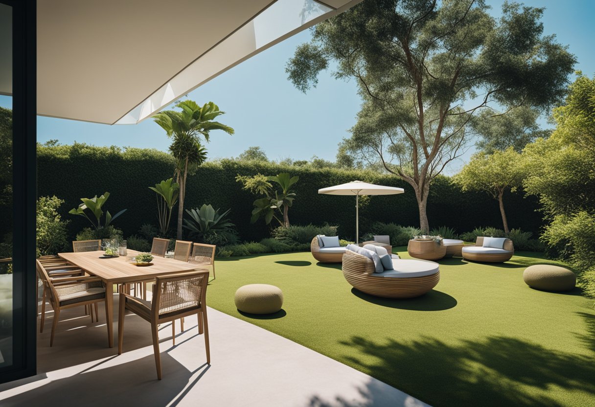 A modern outdoor setting with stylish furniture, surrounded by lush greenery and a clear blue sky