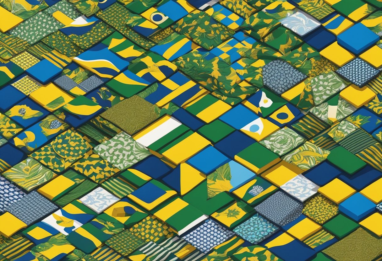 A colorful array of Rwandan symbols and patterns, such as the national flag, traditional fabrics, and nature motifs, arranged in a vibrant and dynamic composition