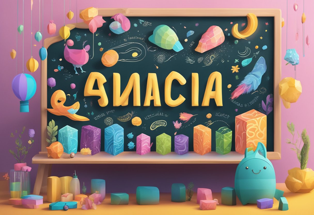 A colorful array of name options are displayed on a chalkboard, surrounded by playful illustrations and whimsical fonts