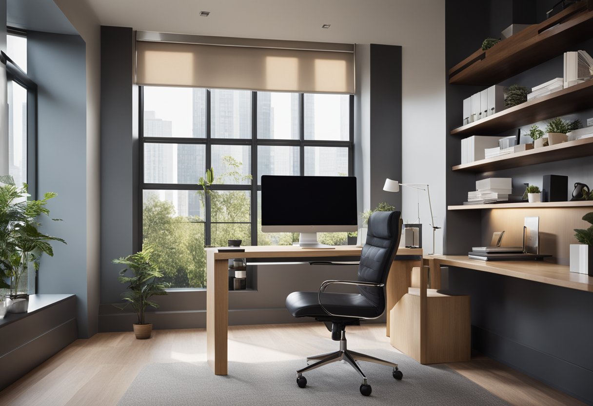 A sleek desk sits against a wall of built-in shelves. A modern chair faces a computer monitor. Natural light streams in through a large window
