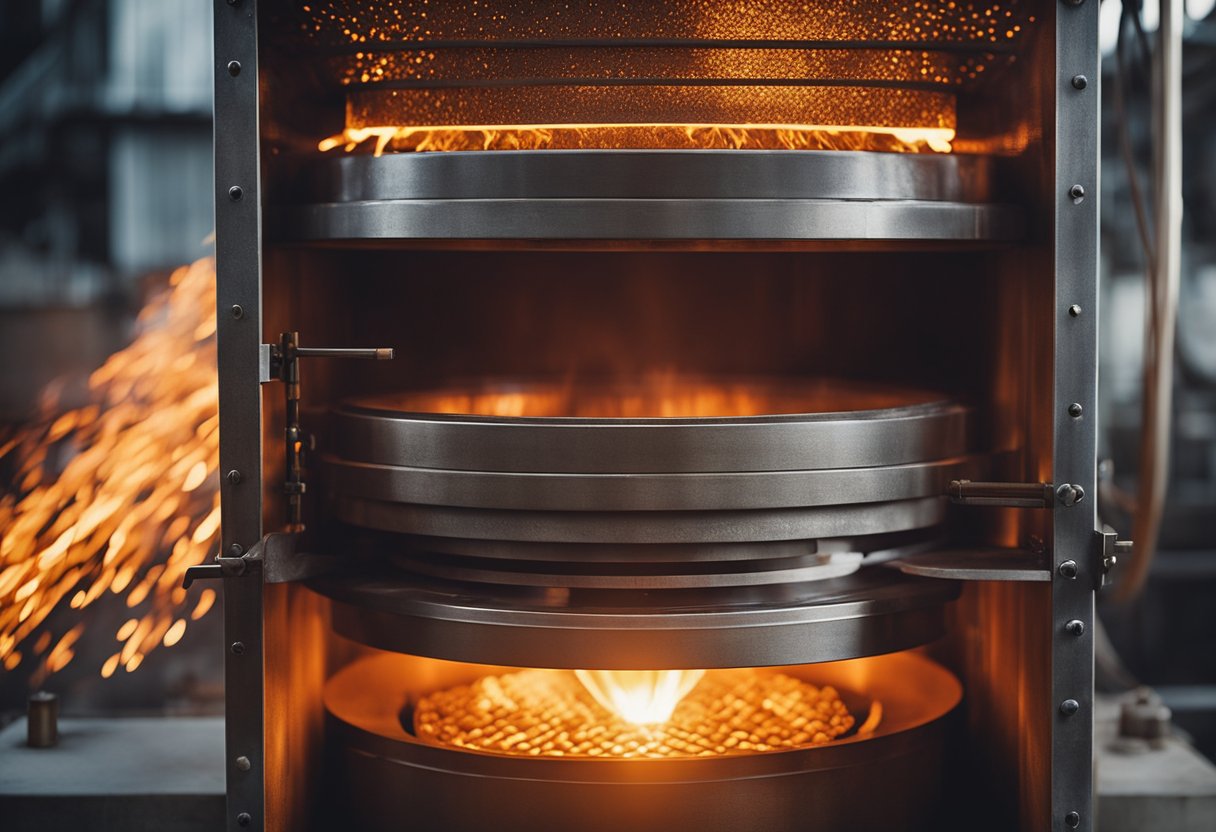 The steel reheating furnace roars with intense heat, glowing orange and emitting waves of shimmering air. The metal inside softens and glows as it reaches the perfect temperature for shaping