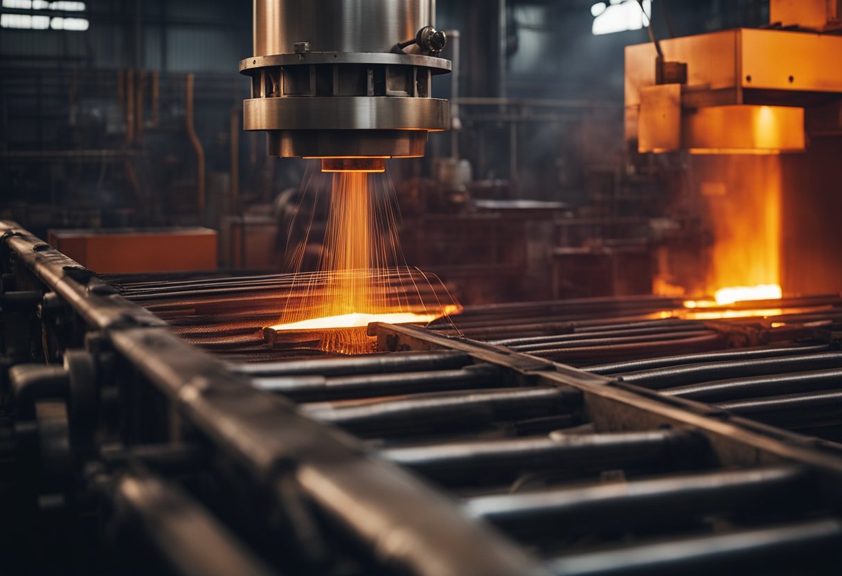 A steel reheating furnace roars with intense heat, glowing red and emitting waves of shimmering heat. The furnace is surrounded by heavy machinery and industrial equipment