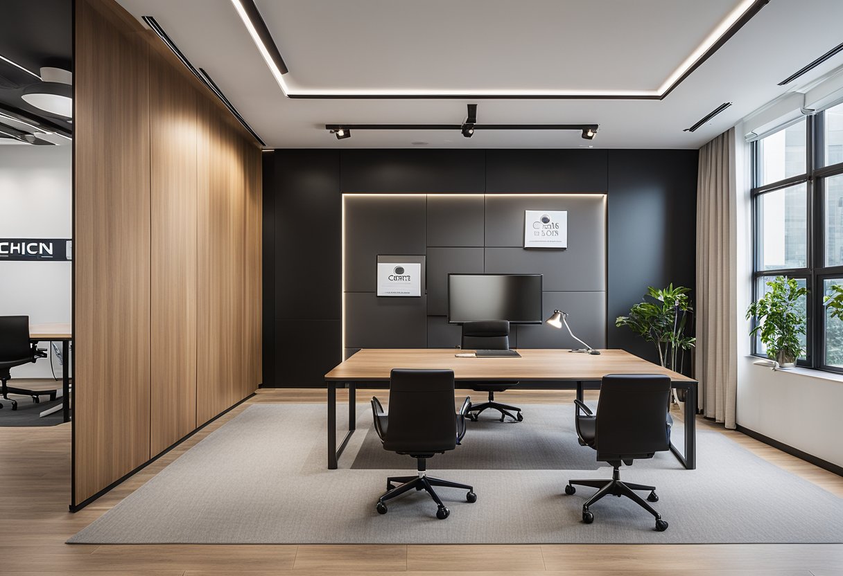 A modern office space with sleek wooden furniture and clean, minimalist design. The Cheong Cheng logo prominently displayed on a feature wall