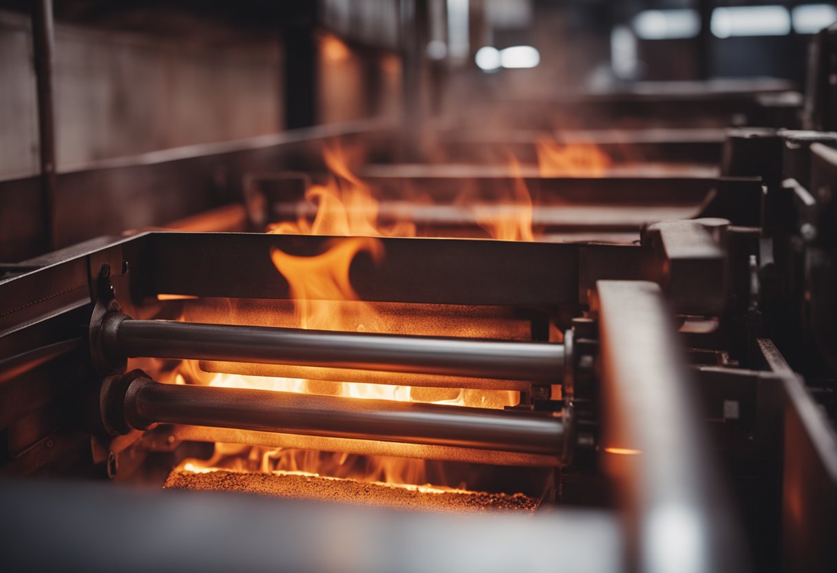 A steel reheating furnace glowing red with intense heat, with flames licking the surface and billowing smoke rising into the air