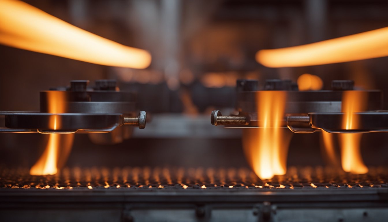 A gas-fired heat treatment furnace glows orange as it heats metal components. Flames dance within the chamber, casting a warm, fiery light