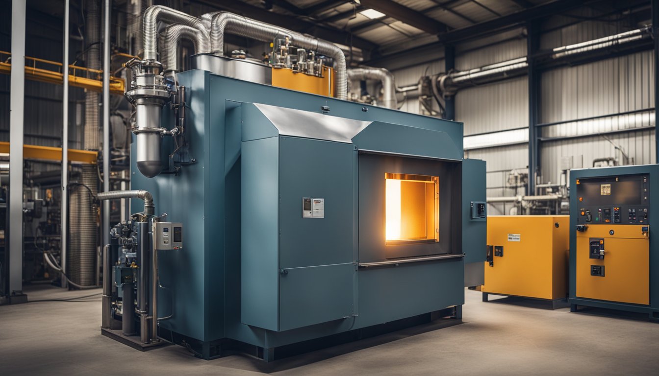 A gas fired heat treatment furnace with insulated walls, a combustion chamber, and a control panel. Flames are visible through a small window, and a conveyor belt moves metal parts into the furnace