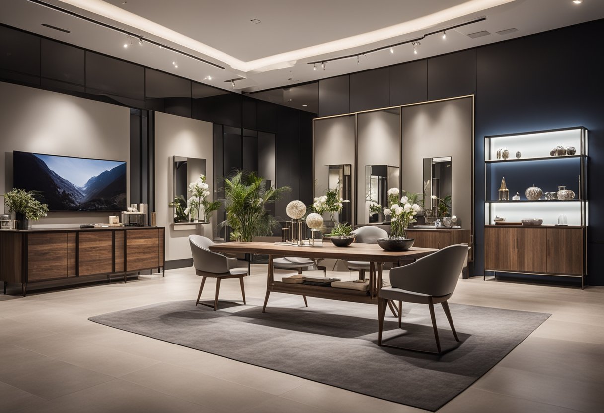 A spacious showroom with modern and classic furniture displays, soft lighting, and clean lines