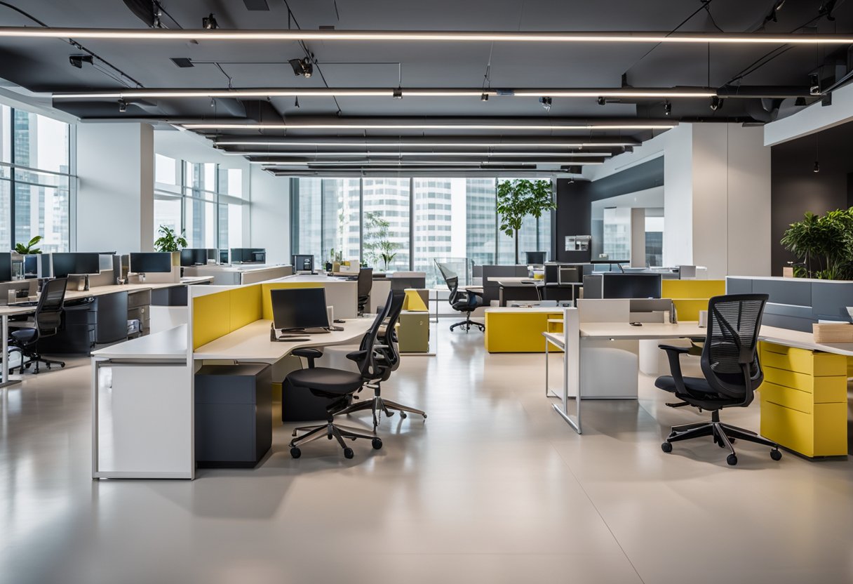 Employees browsing modern office furniture in Wilson's Singapore showroom. Brightly lit, spacious, with sleek designs and ergonomic features