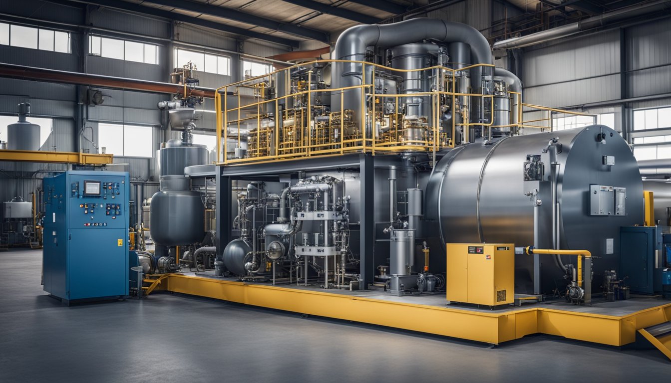 A gas-fired heat treatment furnace with multiple chambers and control panels, surrounded by industrial machinery and pipes