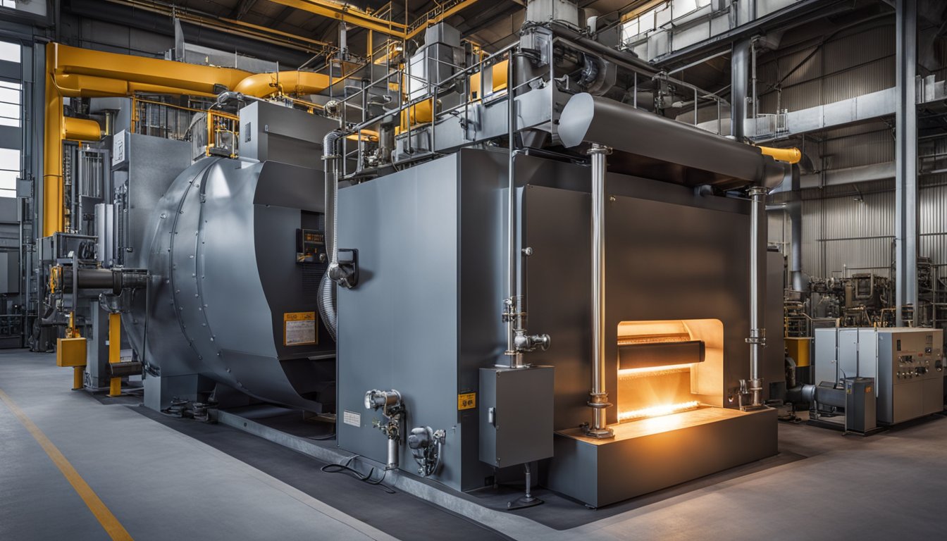 A gas-fired heat treatment furnace operates with high efficiency