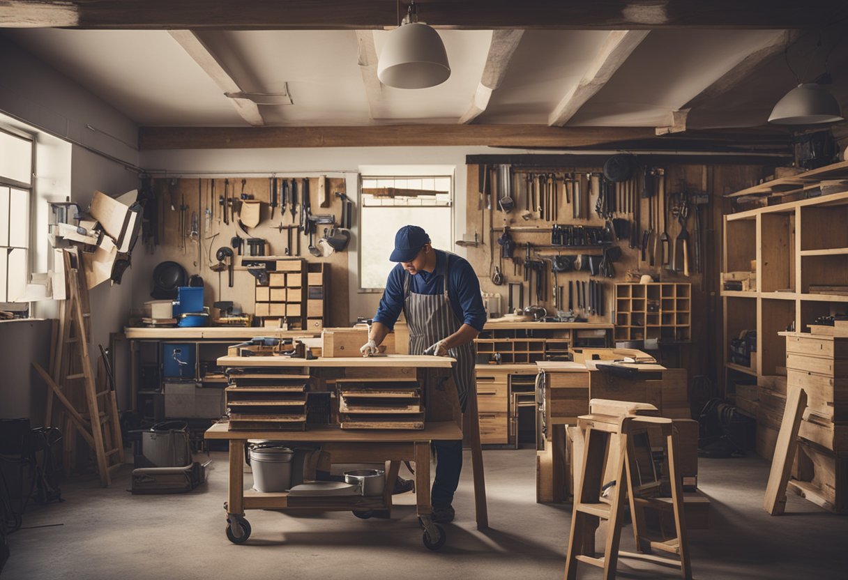 A carpenter renovates a room, surrounded by tools and materials, with a sign reading "Frequently Asked Questions cheong cheng renovation & carpentry."