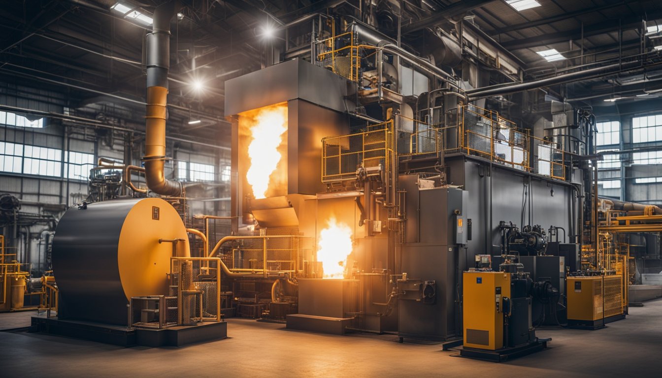 A gas-fired heat treatment furnace sits inside a large industrial facility, surrounded by pipes and machinery. Flames shoot out from the furnace, heating up the surrounding area