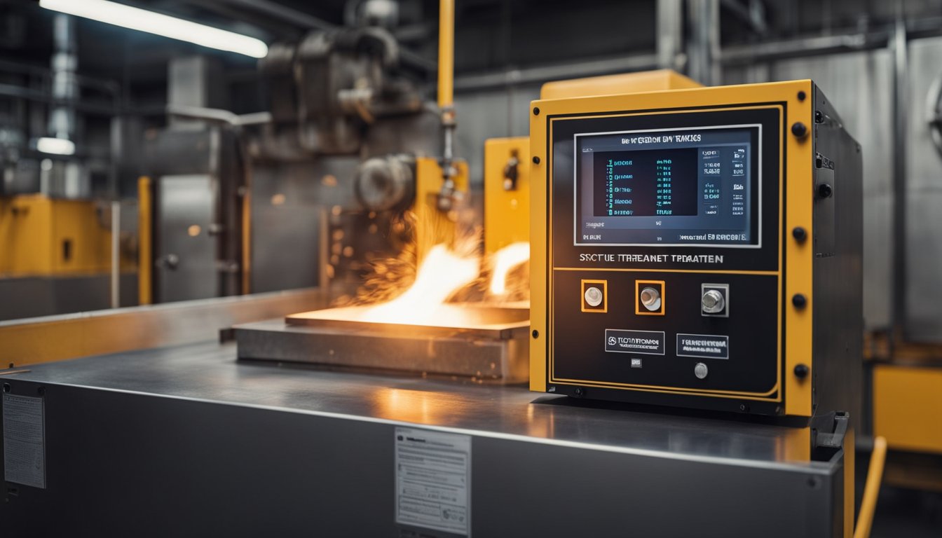 A post weld heat treatment furnace heats metalwork, emitting a soft glow. Temperature gauges and control panels line the walls