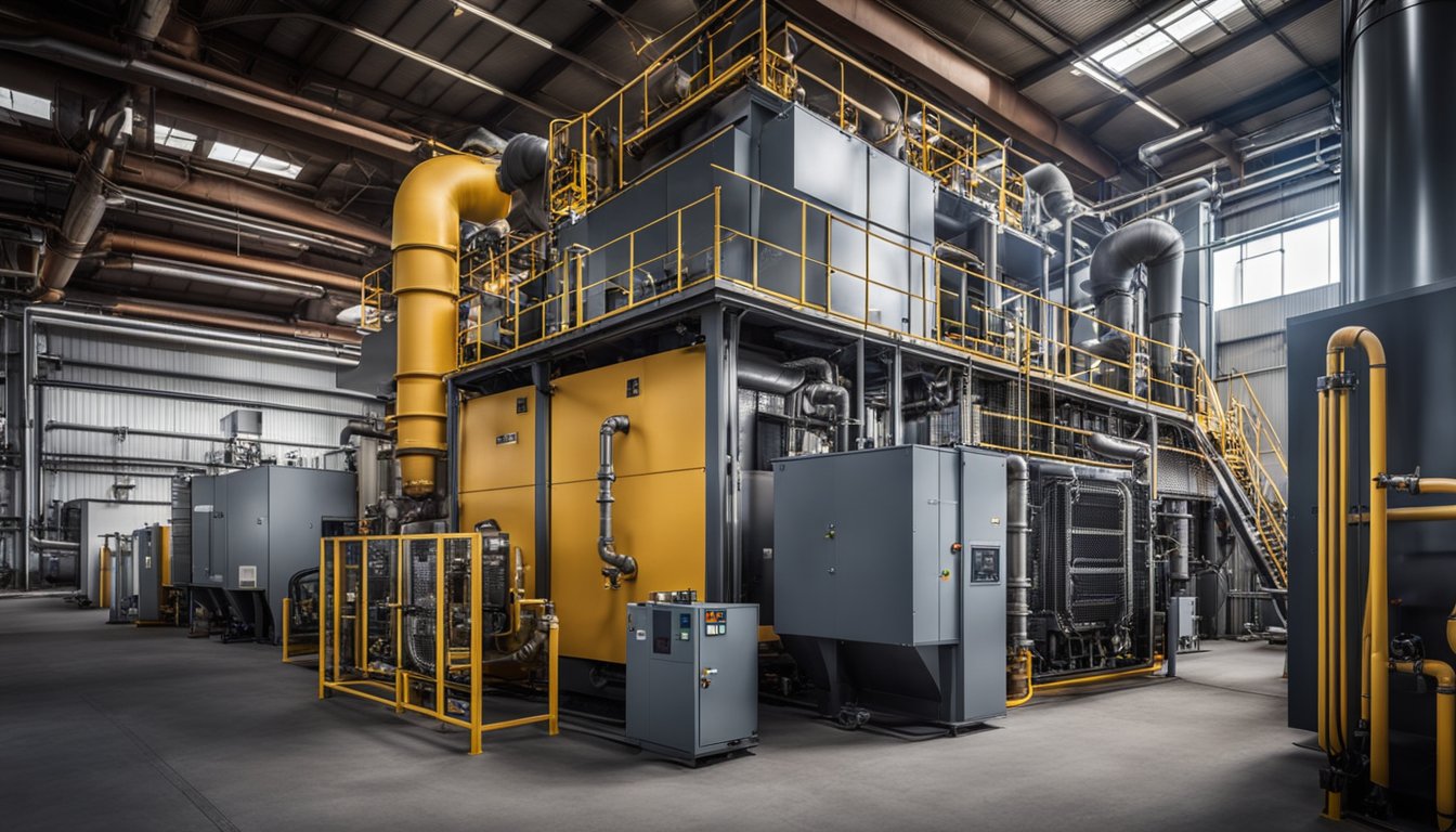 A large industrial furnace with multiple heating zones and control panels, surrounded by pipes and insulation materials