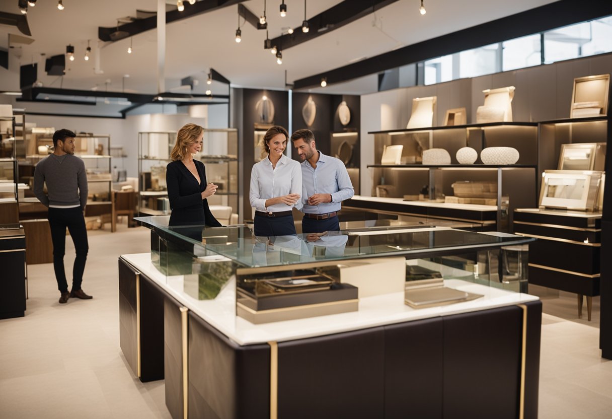 Customers browse Masons furniture, admiring sleek designs and luxurious materials. A helpful salesperson assists a couple in selecting the perfect piece for their home