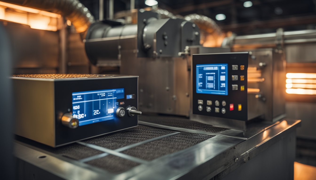 The post weld heat treatment furnace is in operation, with the control panel displaying temperature and pressure readings. The furnace door is closed, and the heating elements are glowing red