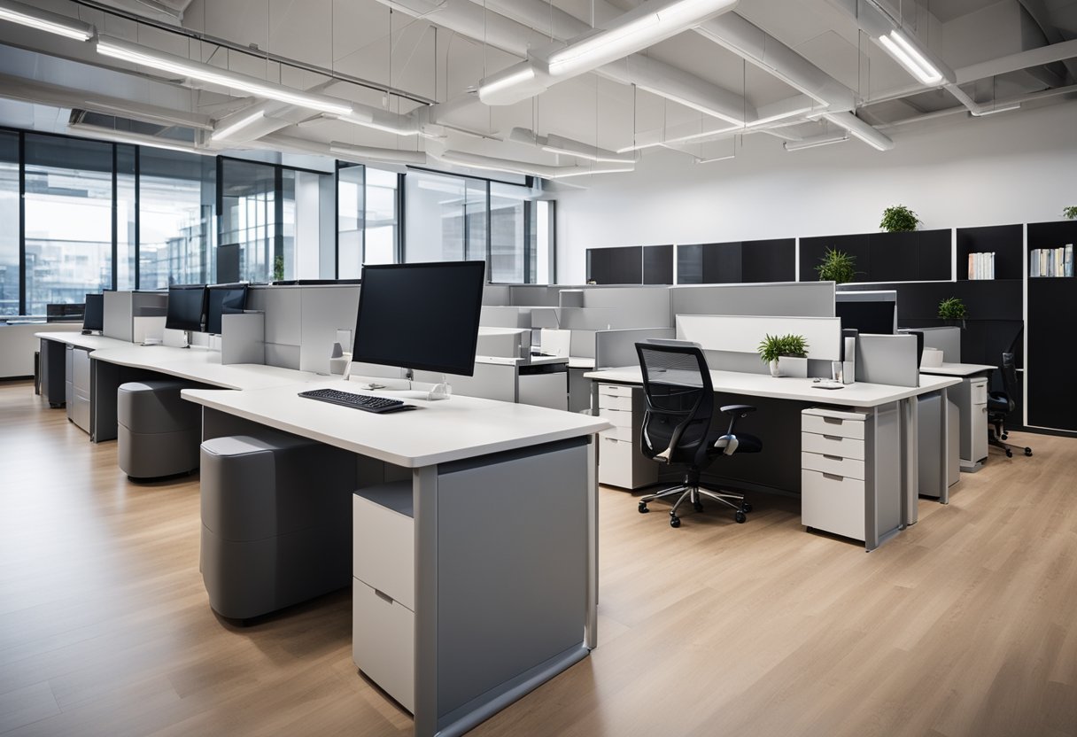A sleek, modern office space with efficient layout and stylish decor. Ergonomic furniture and smart storage solutions maximize productivity