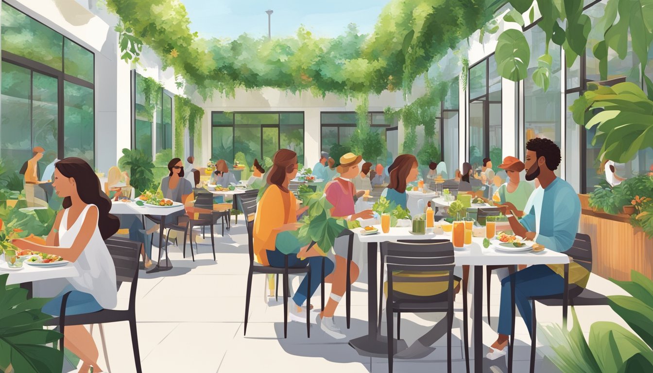 People dining at outdoor tables, surrounded by lush greenery and modern architecture. A colorful array of healthy dishes and fresh juices on the tables