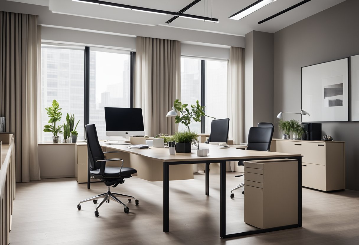A modern, minimalist office space with sleek furniture and efficient use of space. Clean lines and neutral colors create a professional yet inviting atmosphere
