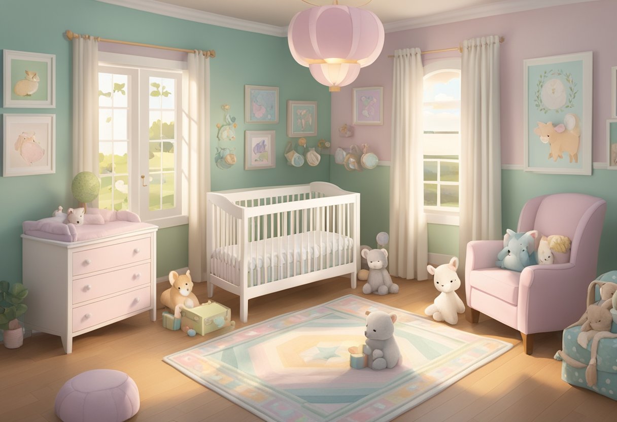 A nursery with a sign reading "Welcome Sadie" surrounded by soft pastel colors and baby animals