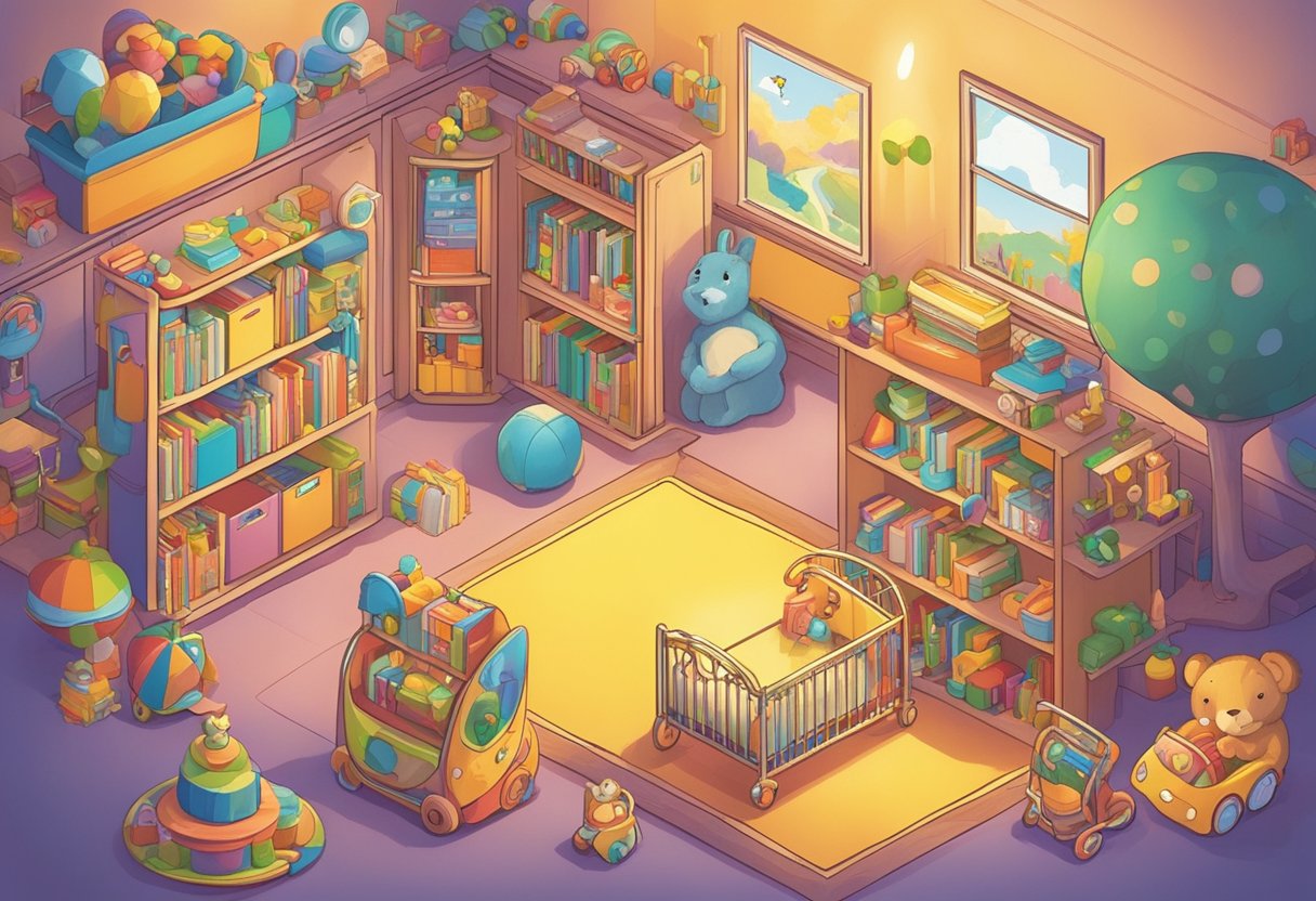 A joyful baby nursery with a sign reading "Best Names" and a list of names like Sadie, surrounded by colorful toys and books