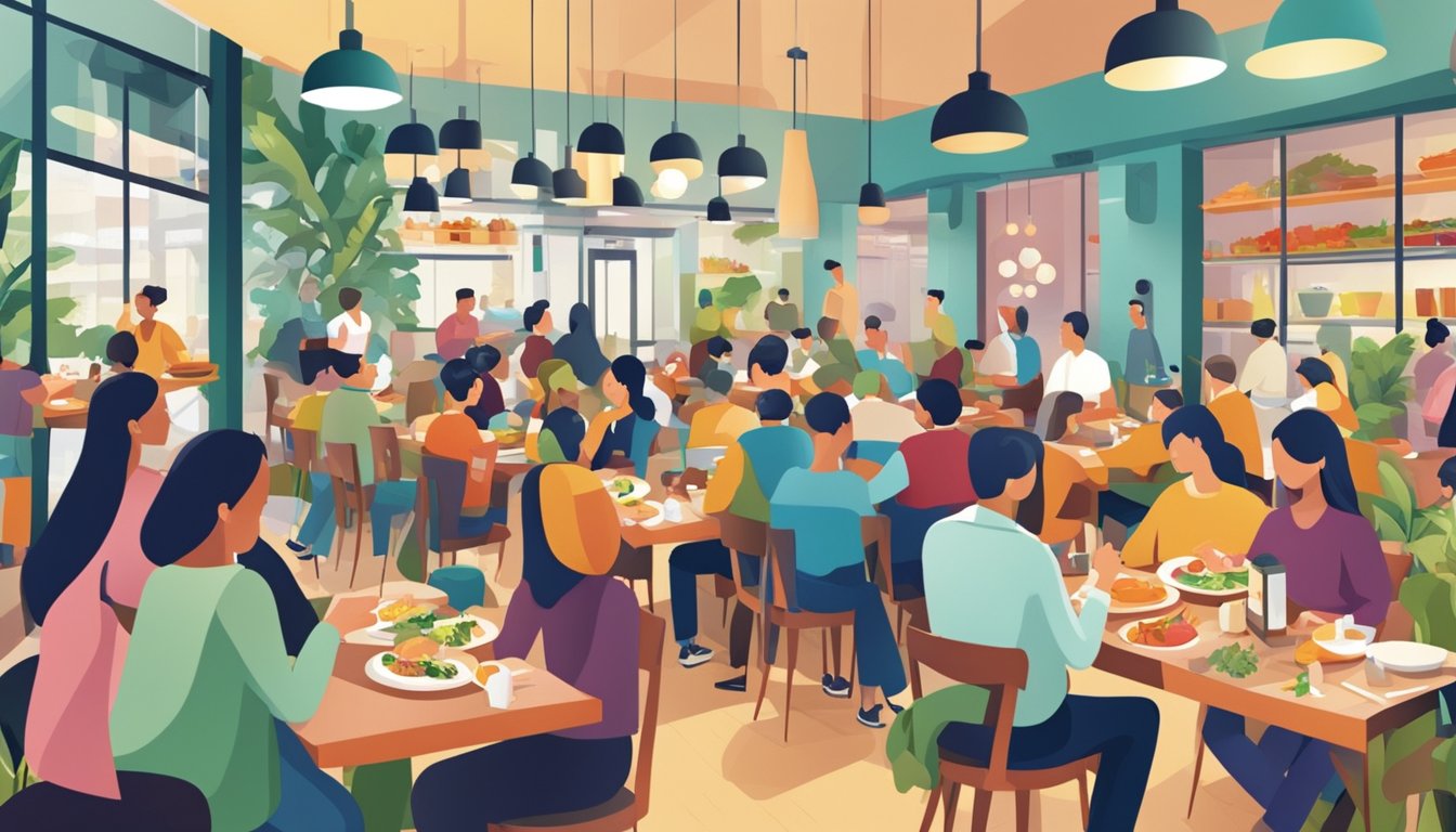 A bustling restaurant scene with diverse customers enjoying fresh, colorful dishes. A prominent sign reads "Frequently Asked Questions healthy restaurants singapore"
