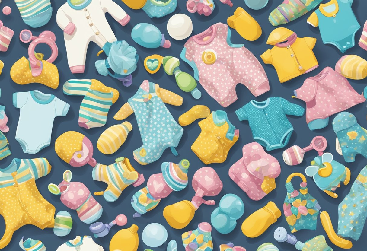 A colorful array of baby items like rattles, onesies, and pacifiers, arranged in a playful and whimsical manner