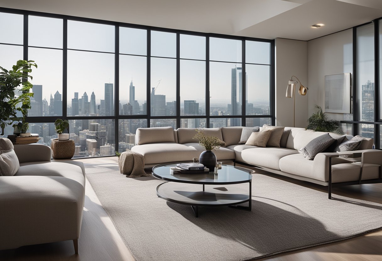 A modern living room with sleek furniture, including a stylish sofa, coffee table, and minimalist decor. The space is well-lit with natural light and features a view of the city skyline