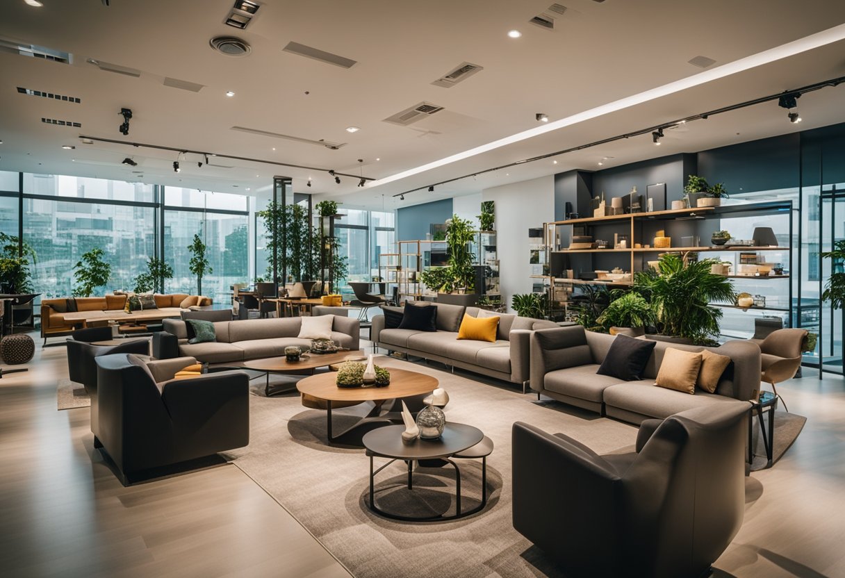 A bustling showroom with modern furniture displays and innovative designs, showcasing the Xtra Edge in Singapore's furniture industry