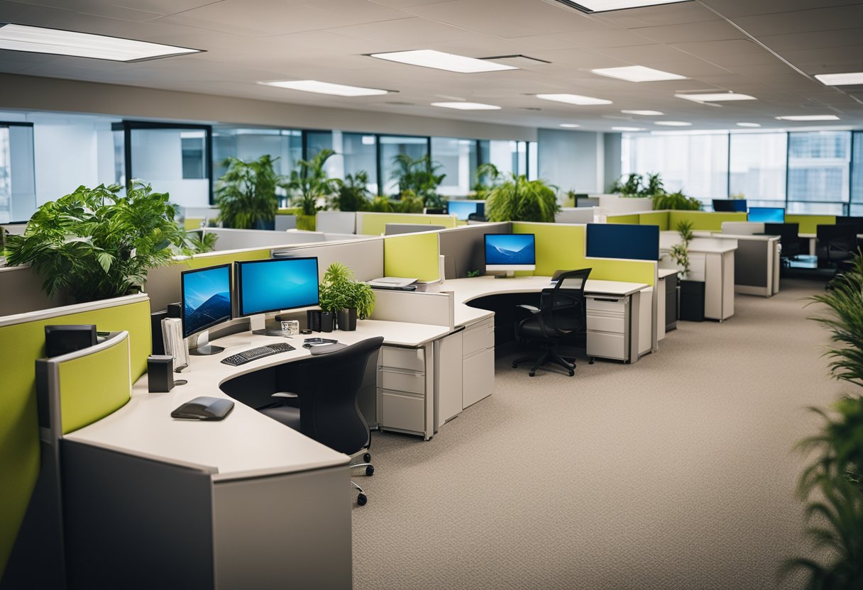 A modern office cubicle with vibrant colors, ergonomic furniture, and plenty of natural light. Decorated with plants, artwork, and motivational quotes