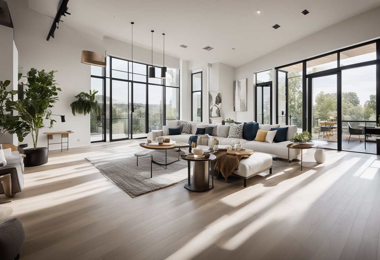 A bright, open-concept living space with modern fixtures and sleek finishes. Large windows flood the room with natural light, showcasing a minimalist design with pops of color and texture