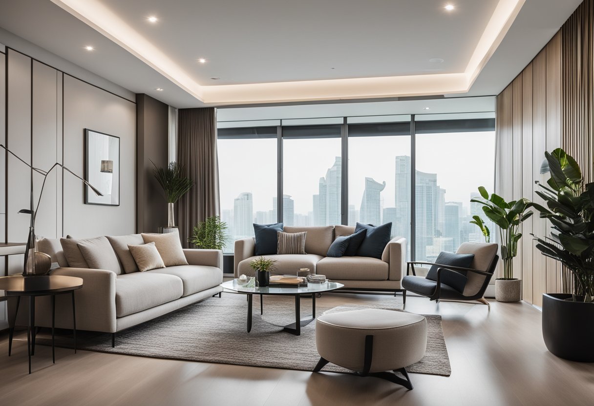 A sleek, modern living room with minimalist furniture in Singapore. Clean lines, neutral colors, and uncluttered space