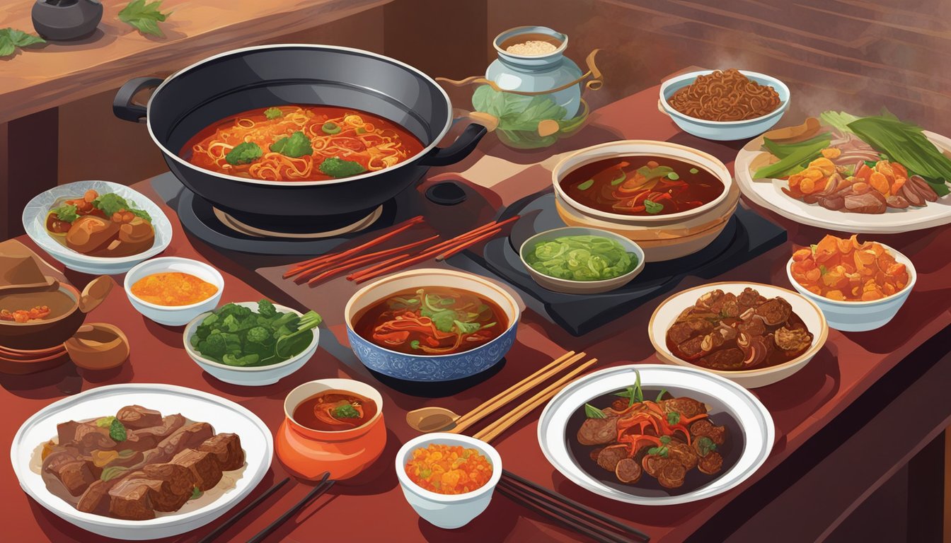 A table set with vibrant dishes of spicy, aromatic Hunan cuisine. Steam rises from a sizzling hot pot, while plates of stir-fried meats and vegetables fill the table. Rich reds and earthy browns dominate the color palette