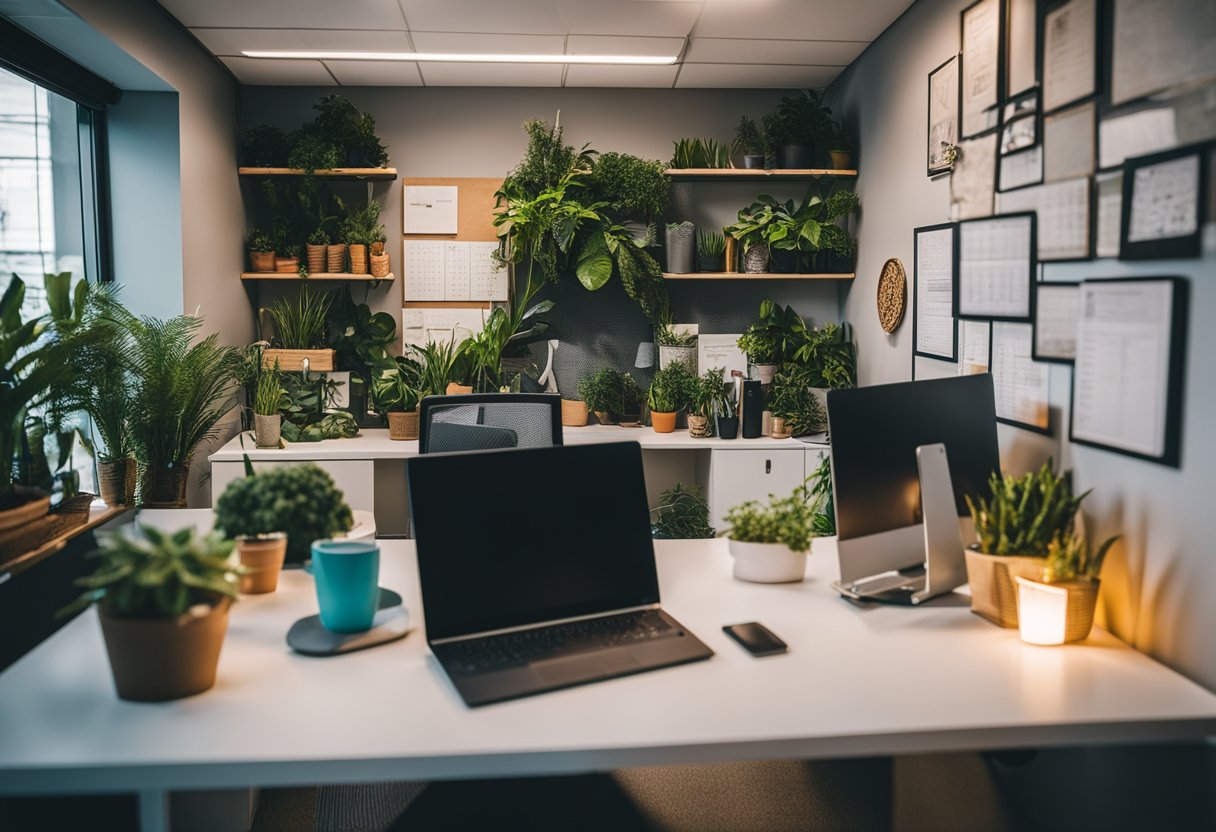 A modern office cubicle with vibrant colors, a standing desk, and personalized decor. Plants, motivational quotes, and a vision board add a touch of creativity to the space