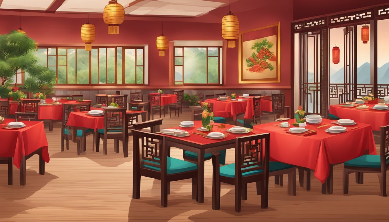 Tables set with red tablecloths, steaming plates of spicy dishes, and traditional Chinese decor at Hunan Cuisine Restaurant