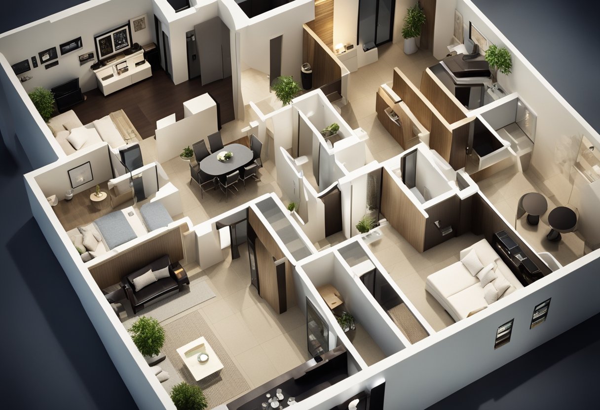 A floor plan of a modern condo with labeled renovation ideas and design elements