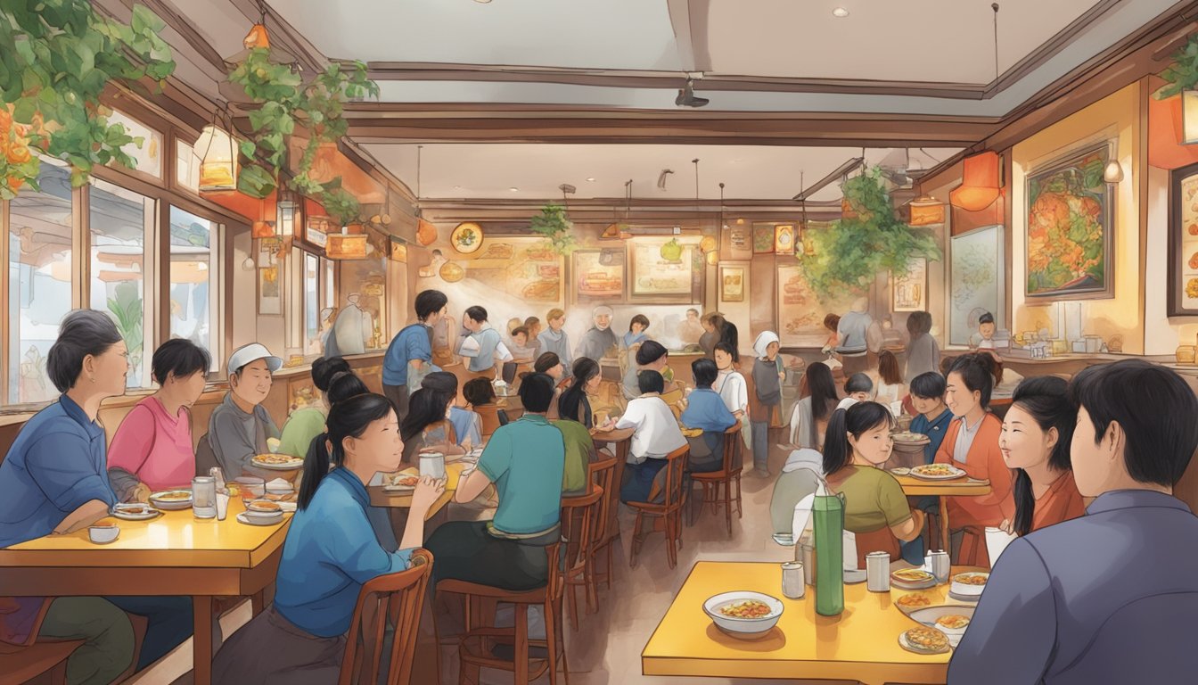 A bustling restaurant with vibrant decor, steaming plates of Hunan cuisine, and a line of eager customers waiting to be seated