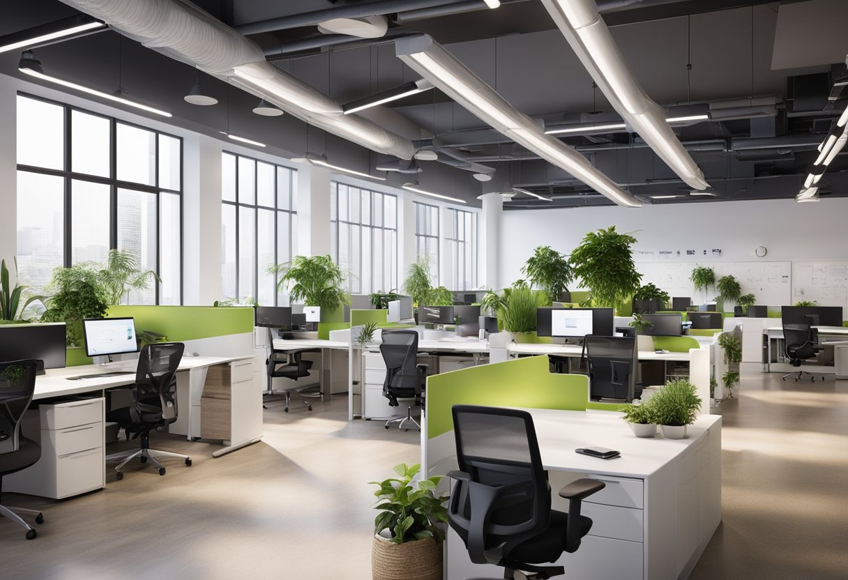Bright, open office space with modular desks, ergonomic chairs, and vibrant decor. Collaborative workstations with whiteboards and digital displays. Plants and natural light promote creativity and productivity